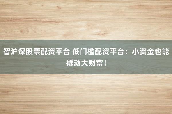 智沪深股票配资平台 低门槛配资平台：小资金也能撬动大财富！